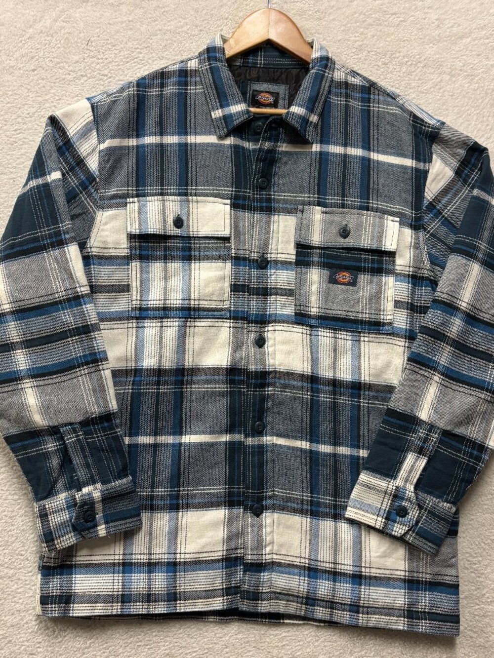 Dickies Men M Quilted Lined Flannel Shirt Jacket Blue Plaid Button Up Shacket